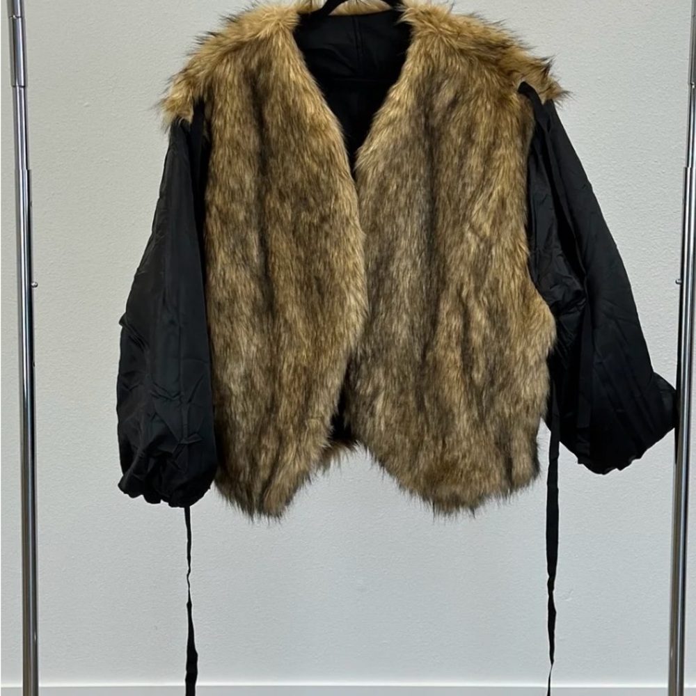 Brown and Black Faux Fur Vest with Puffy Sleeves